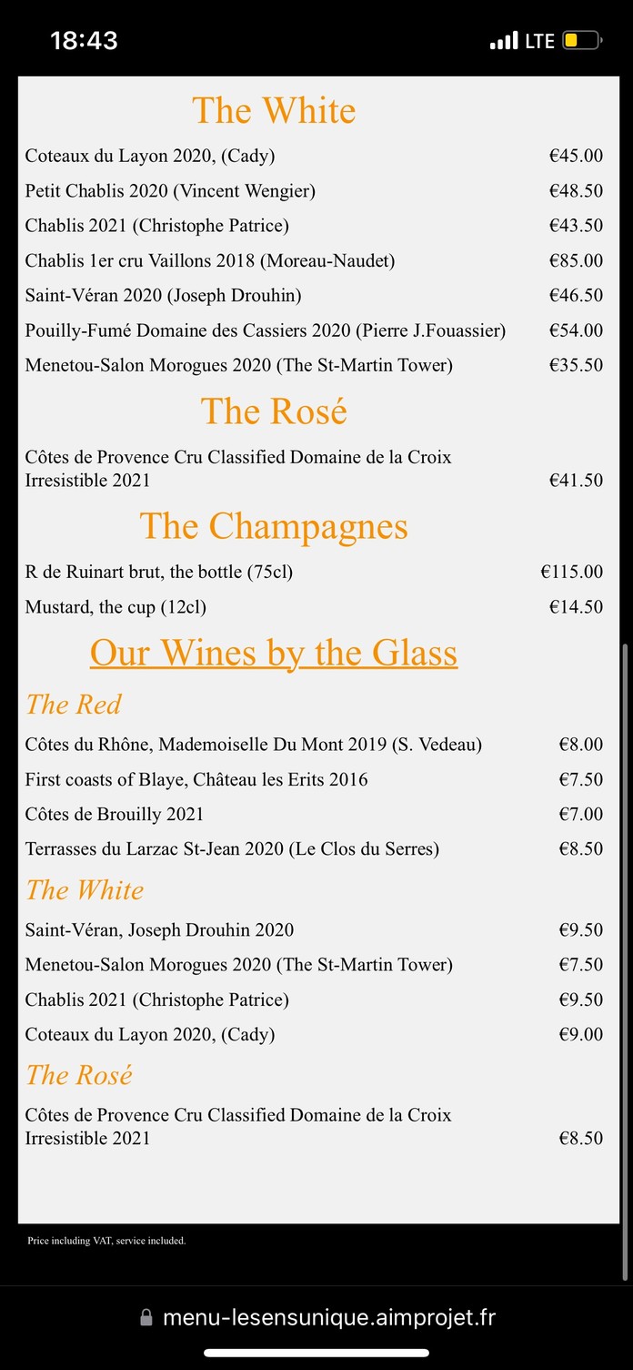 Le Sens Unique menu 2