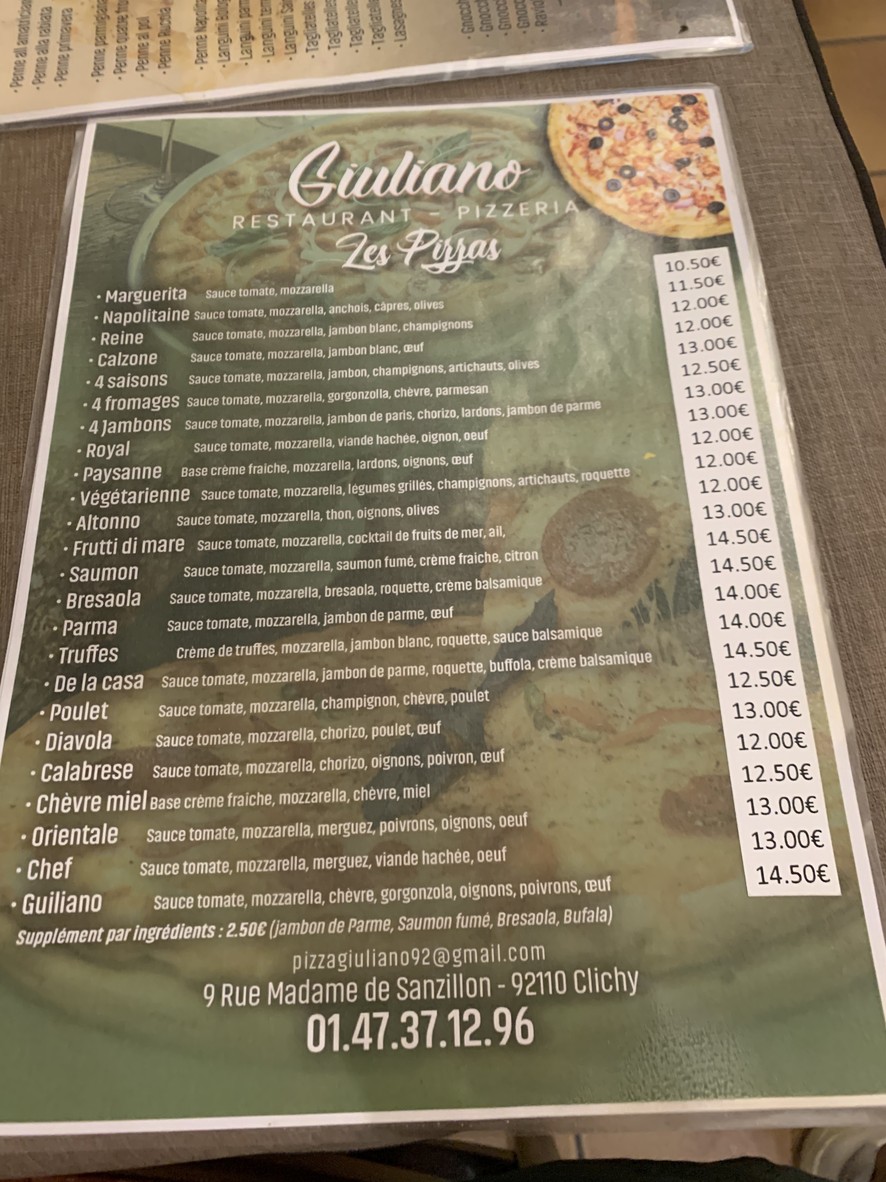 Restaurant italien Giuliano menu 1