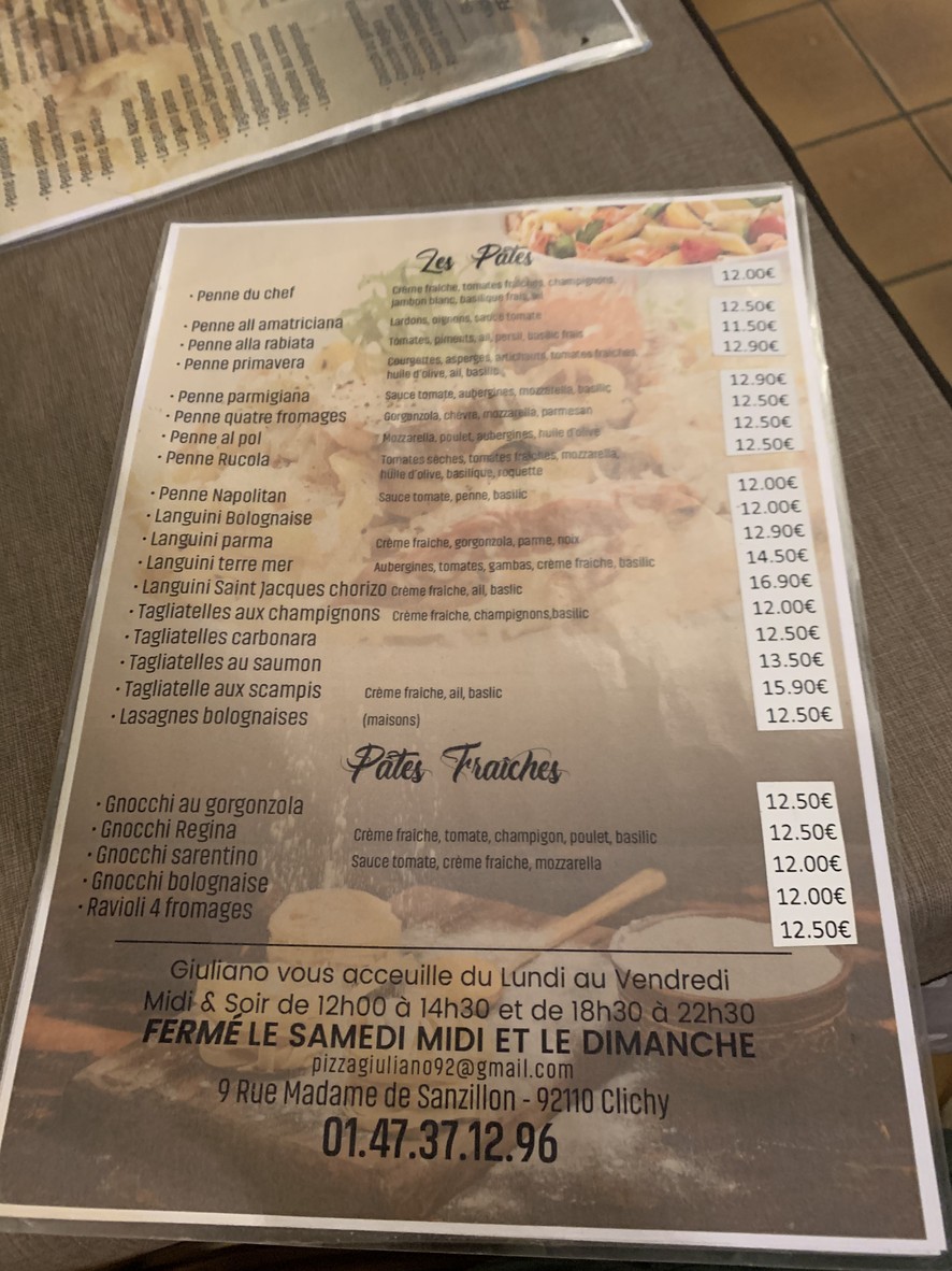 Restaurant italien Giuliano menu 2