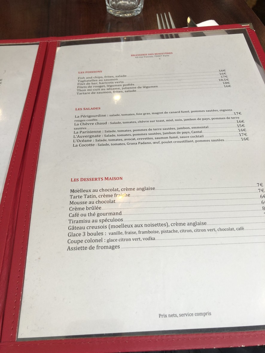 Brasserie des Ministères menu 1