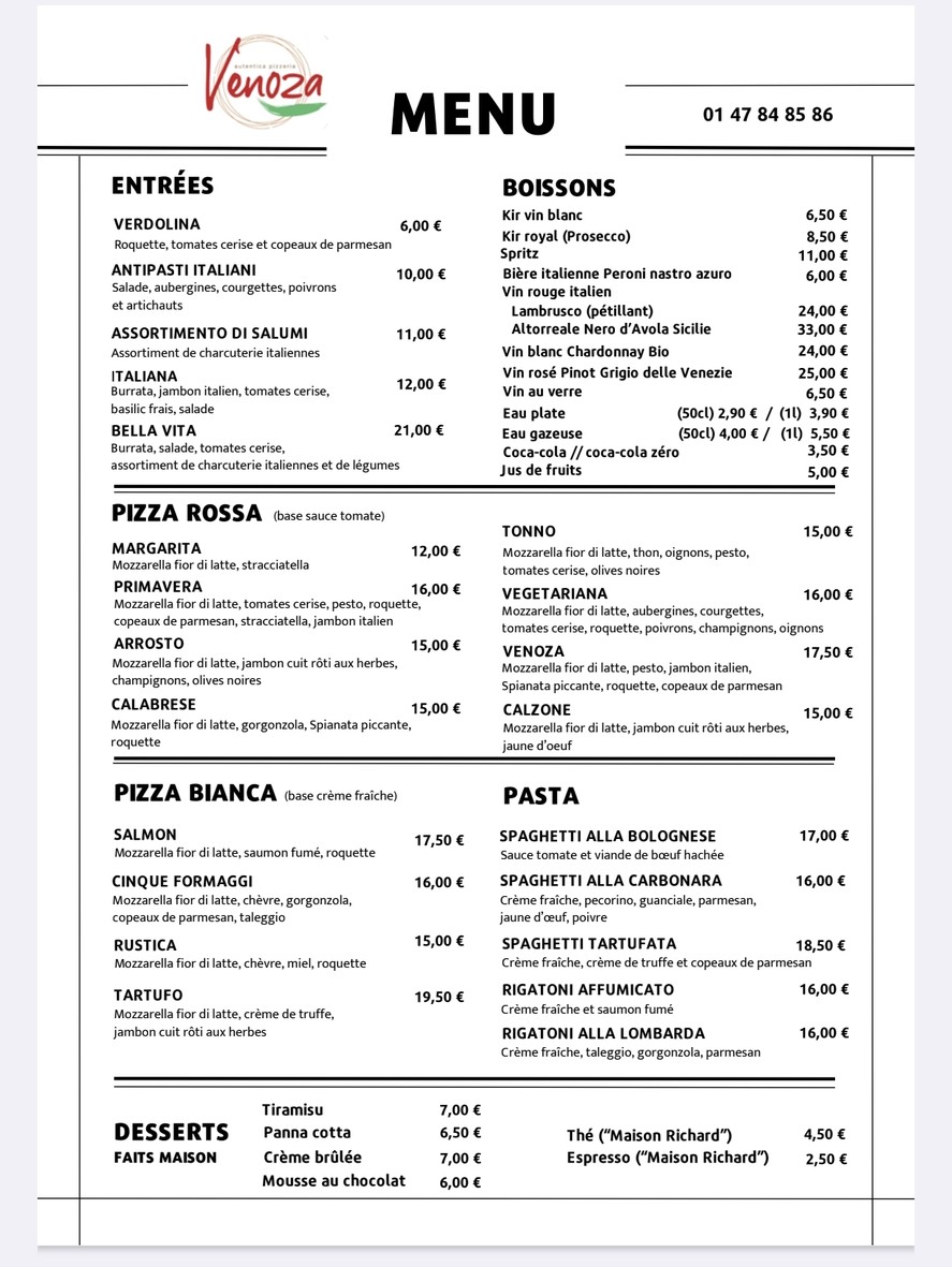 Venoza - Restaurant de pizzas menu 1