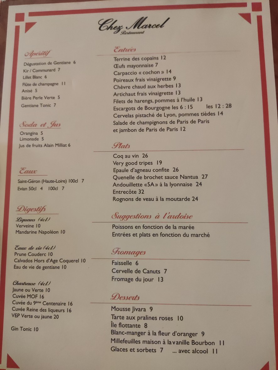 Chez Marcel menu 1