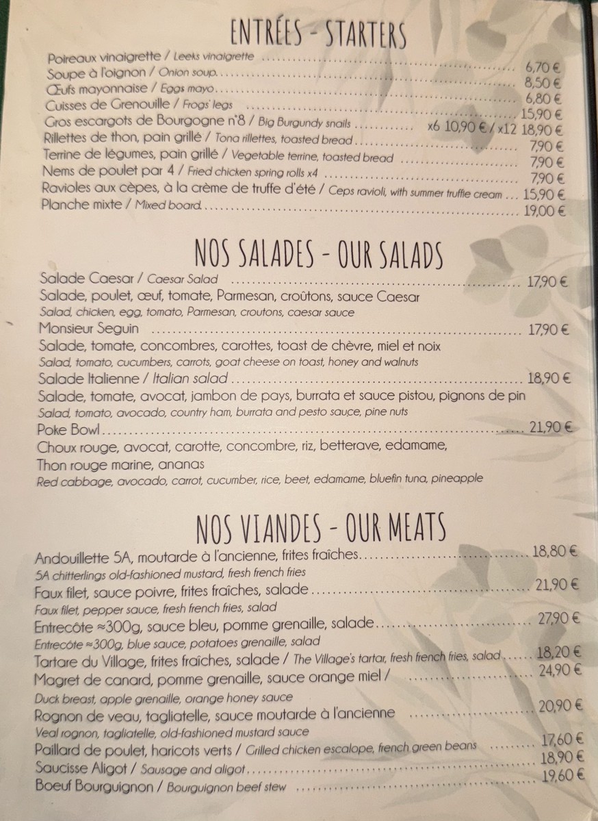 Le Village d'Auteuil menu 1