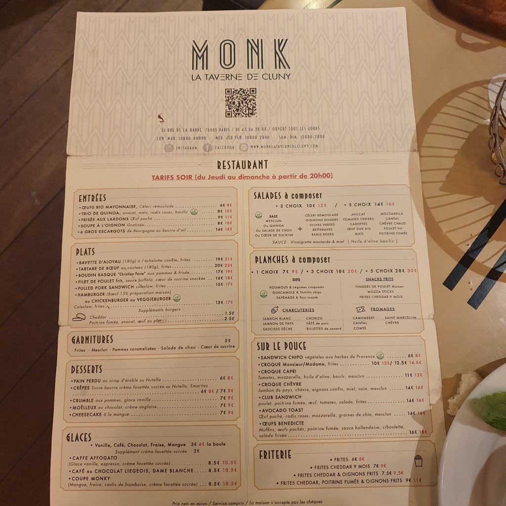 MONK La Taverne de Cluny menu 1