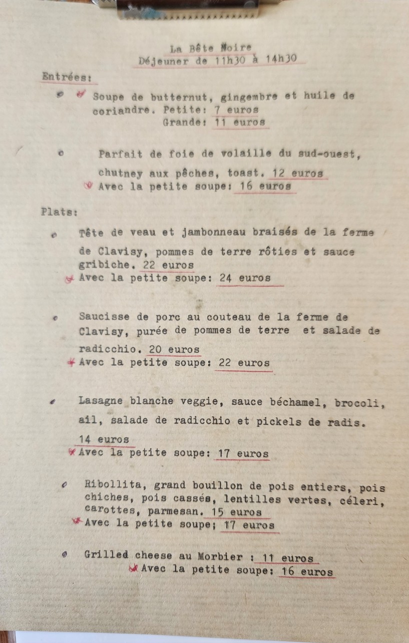 La Bête Noire menu 3