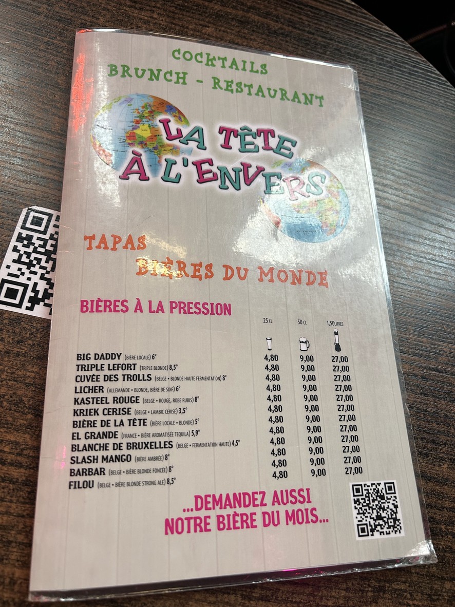 La Tête à l'Envers Pub Vincennes menu 1