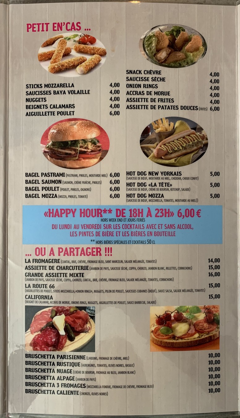 La Tête à l'Envers Pub Vincennes menu 2