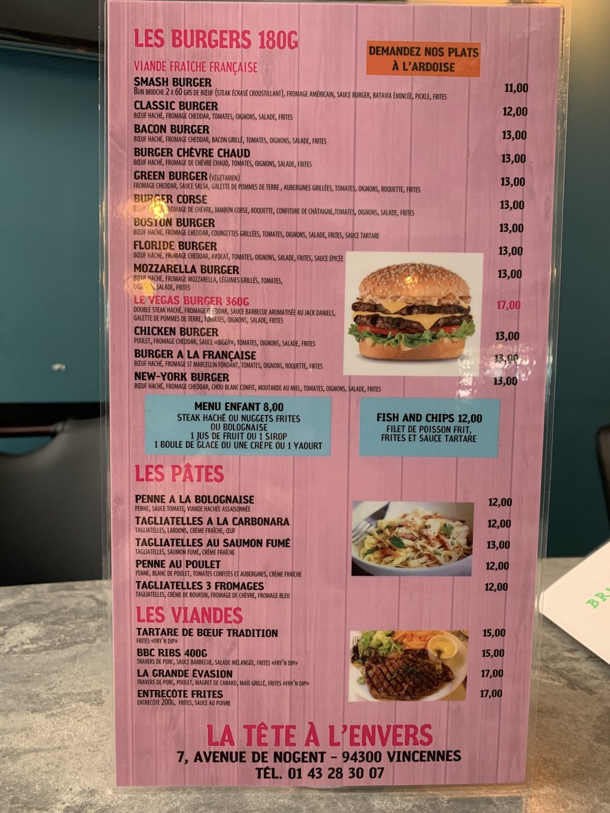 La Tête à l'Envers Pub Vincennes menu 3
