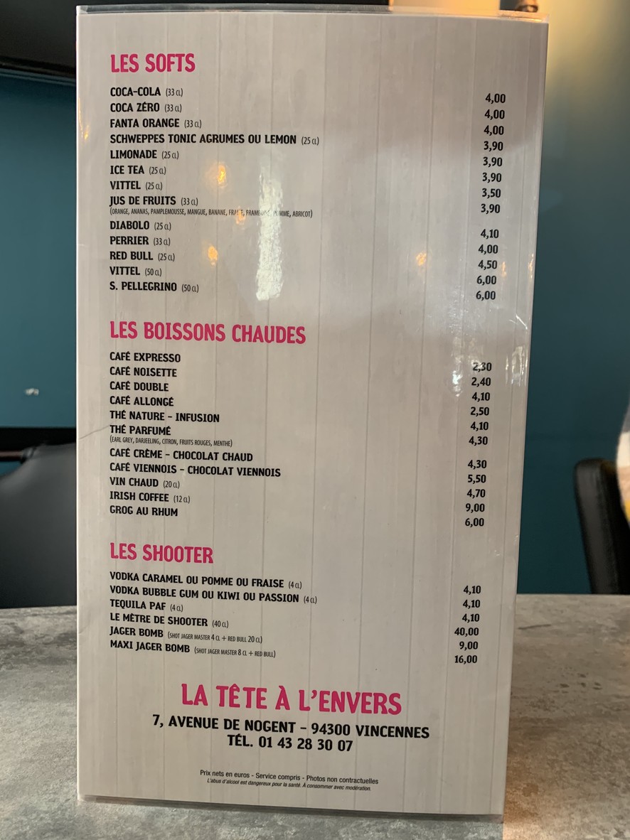 La Tête à l'Envers Pub Vincennes menu 7