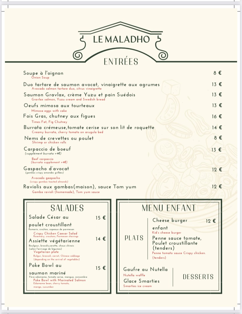 Le Maladho menu 1