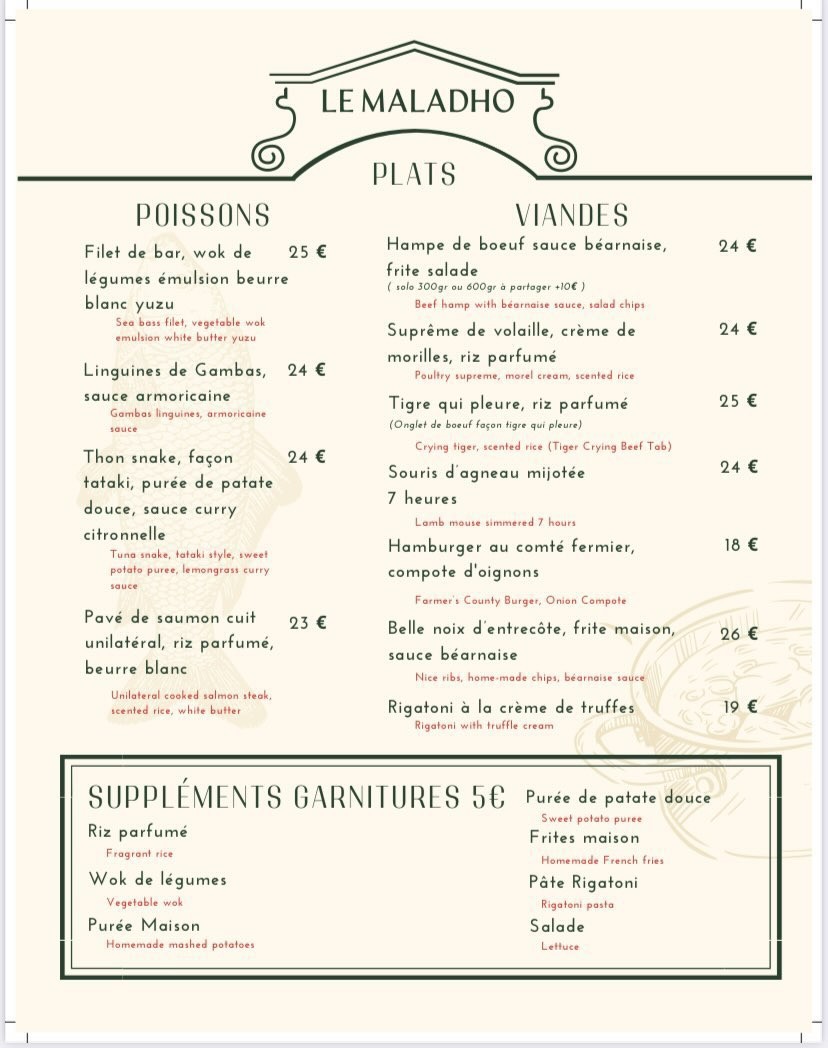 Le Maladho menu 2