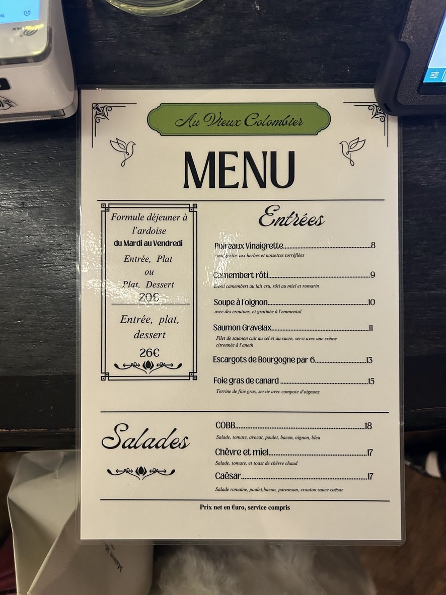 Au Vieux Colombier menu 1