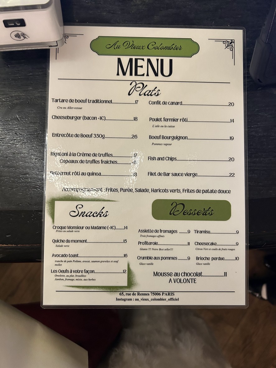 Au Vieux Colombier menu 2