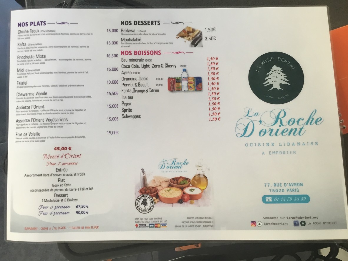 La Roche d'Orient menu 1