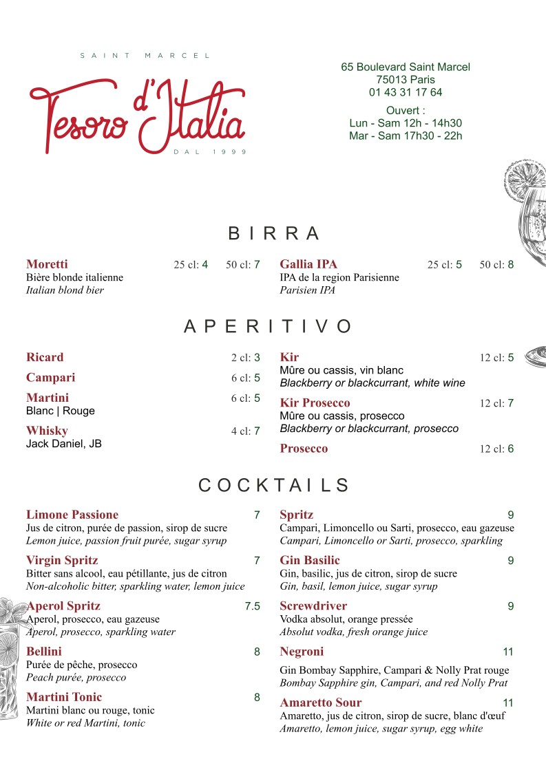Tesoro d’Italia – Restaurant italien Paris 13 (Saint-Marcel) menu 1