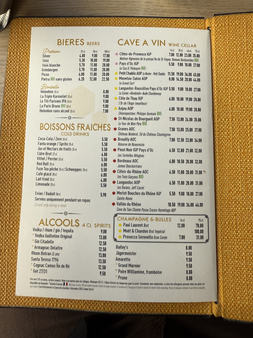 Au Canon des Invalides menu 1