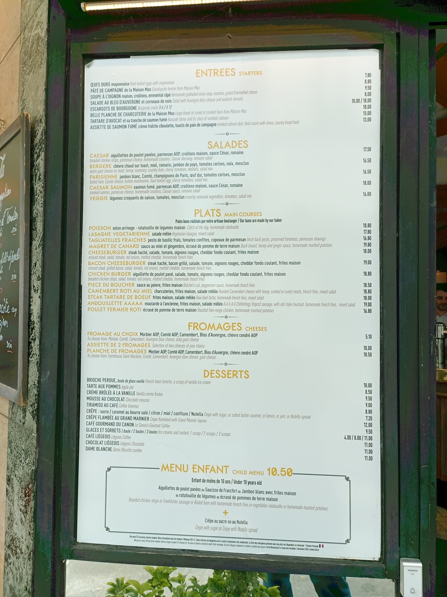 Au Canon des Invalides menu 2