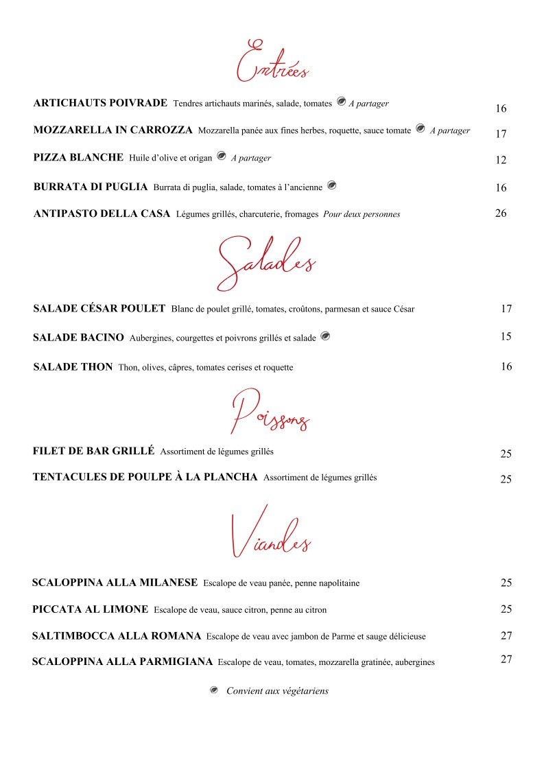 Bacino. menu 1
