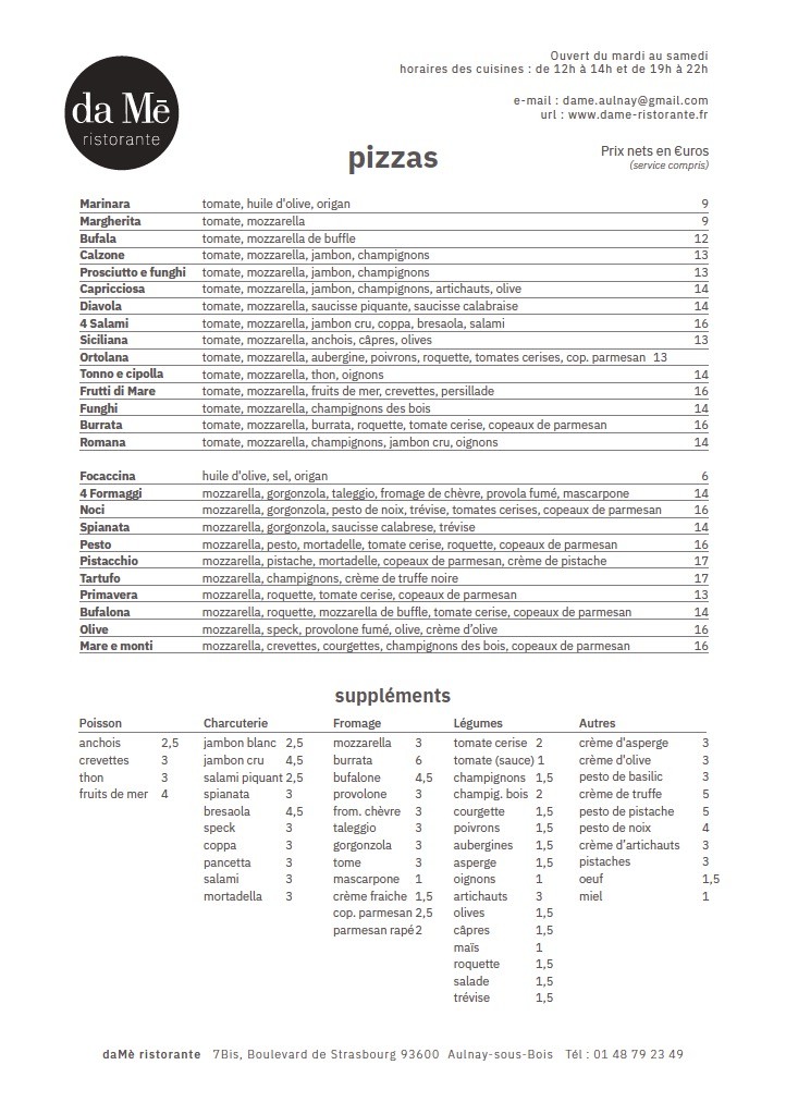 da Mē ristorante menu 1