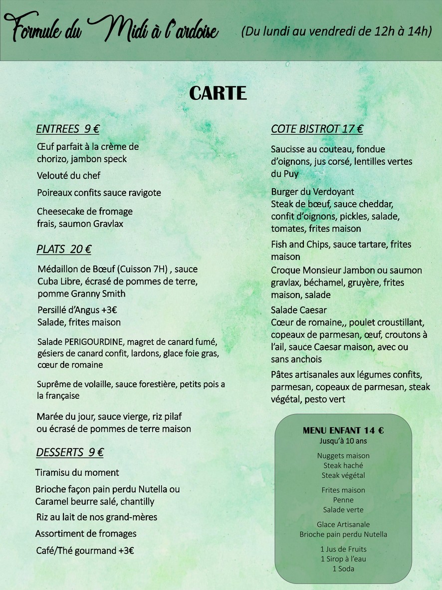 Le Verdoyant menu 1