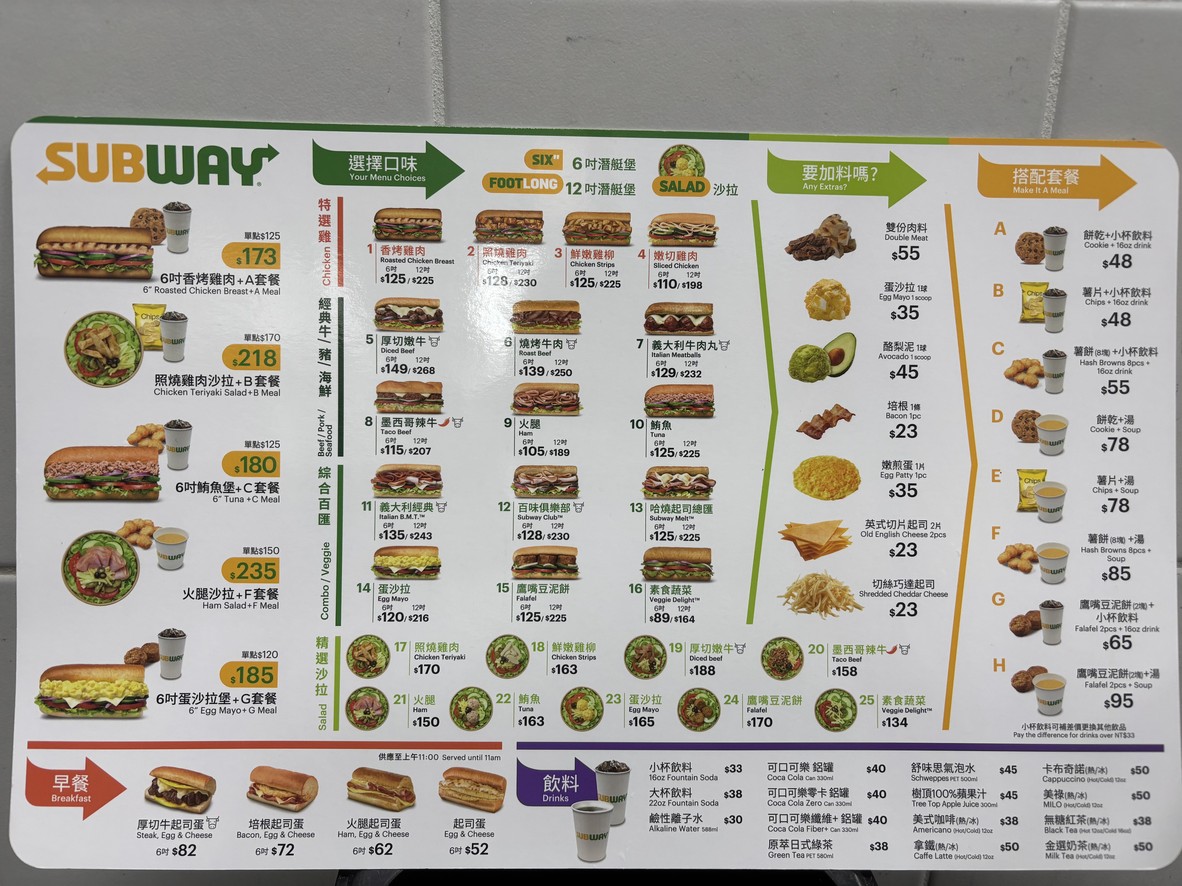 SUBWAY Neihu Ruiguang Store menu 1