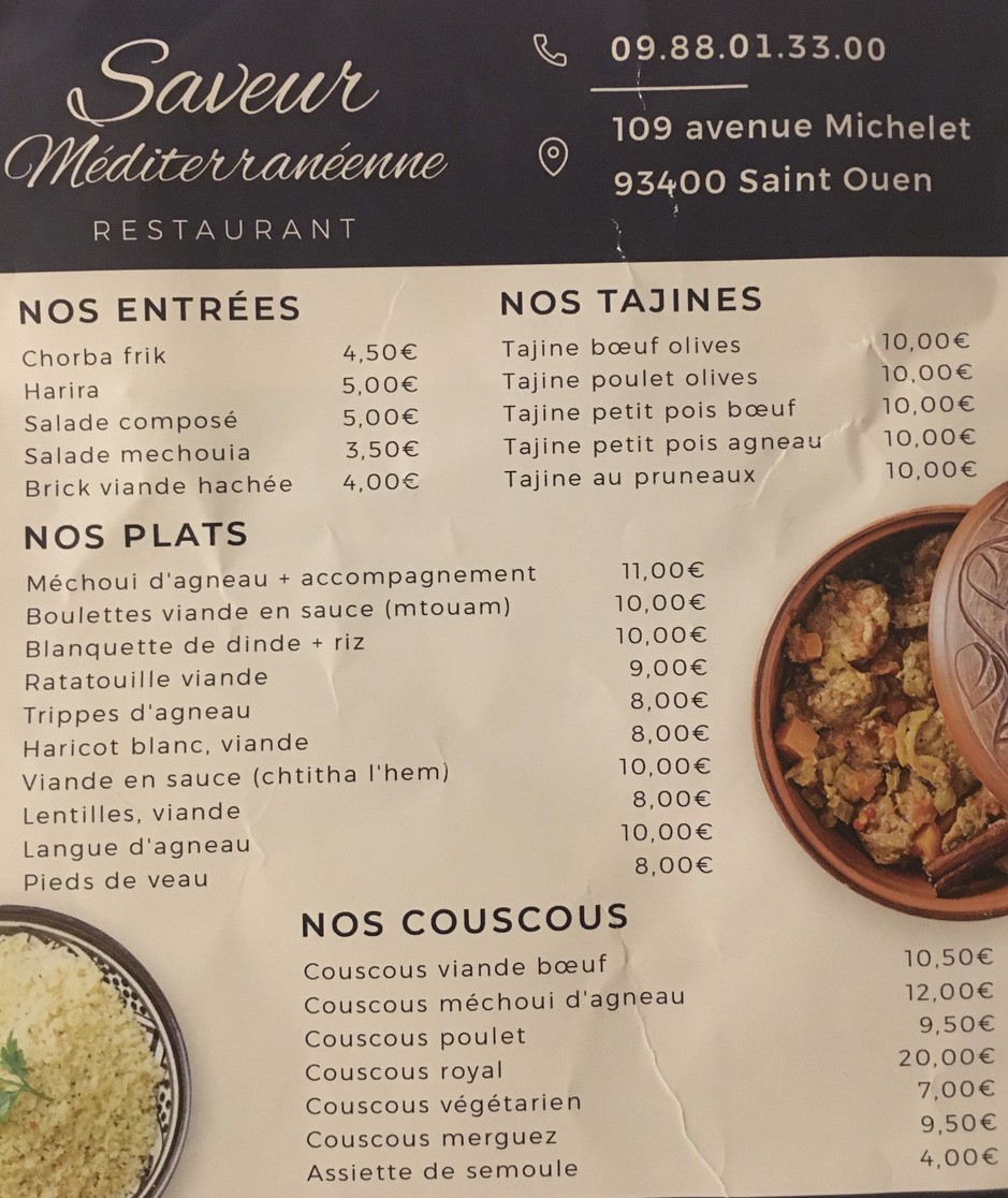 Restaurant Saveur Méditerranéenne menu 1