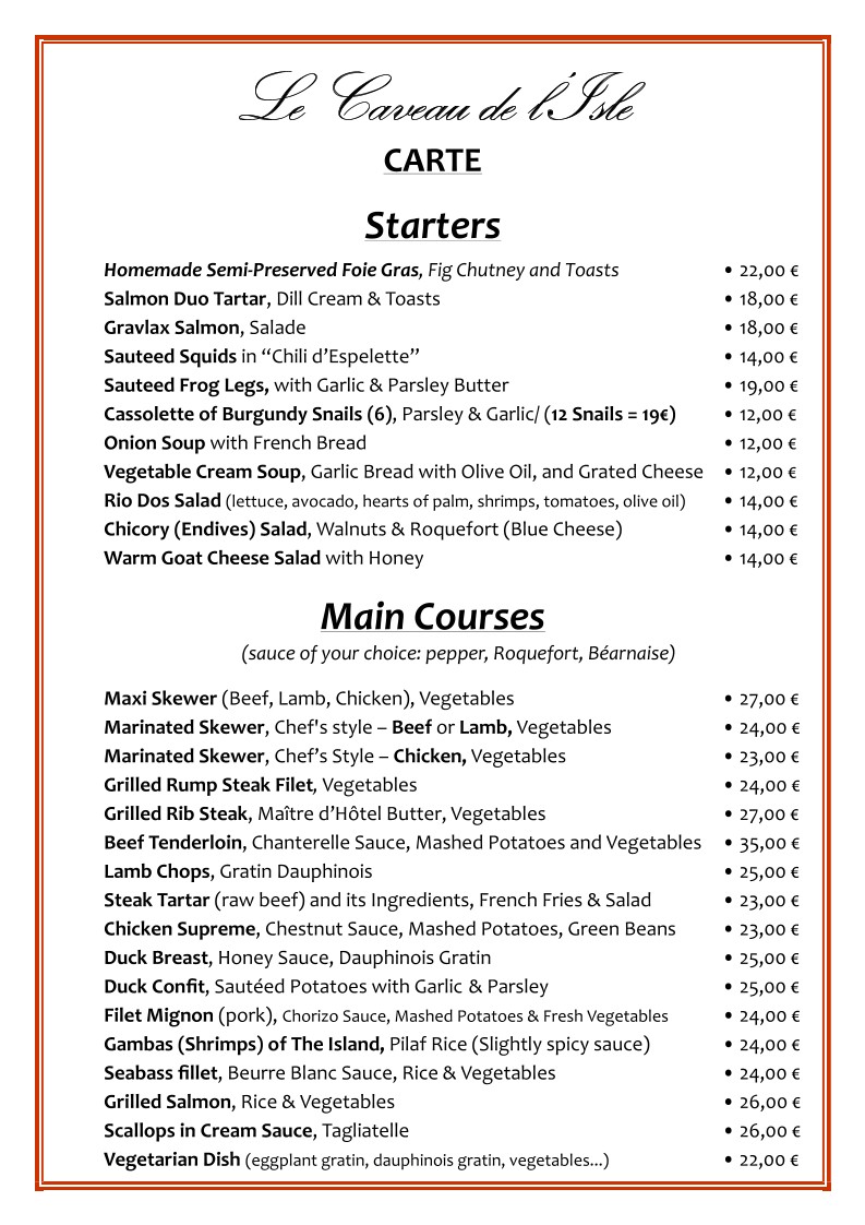Caveau de L'Isle menu 1