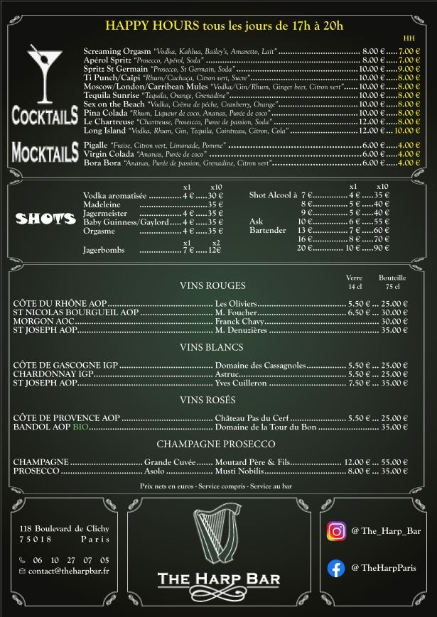 The Harp Bar menu 2