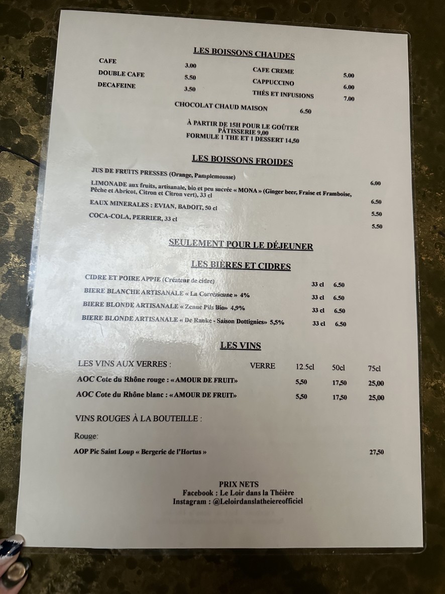 Le Loir dans La Théière menu 1