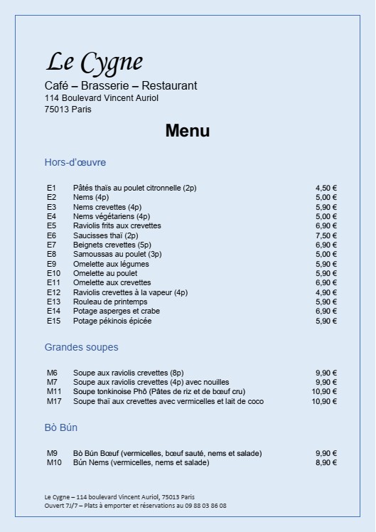 Le Cygne menu 1