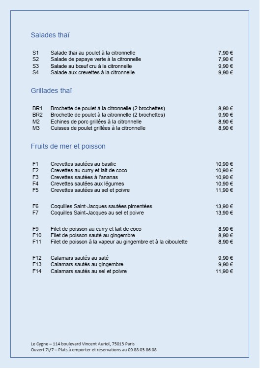 Le Cygne menu 2