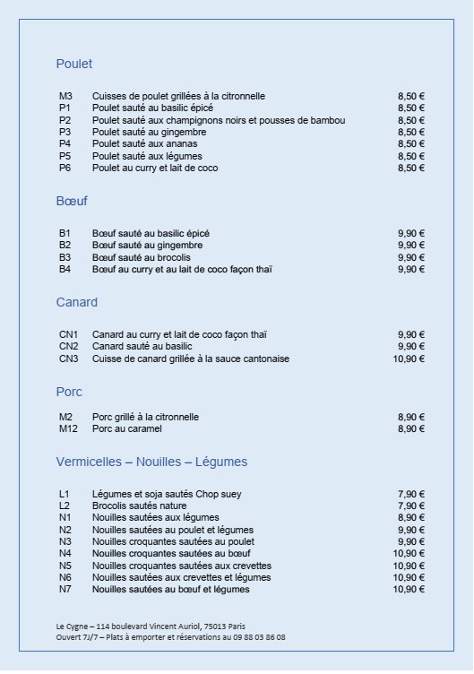 Le Cygne menu 3