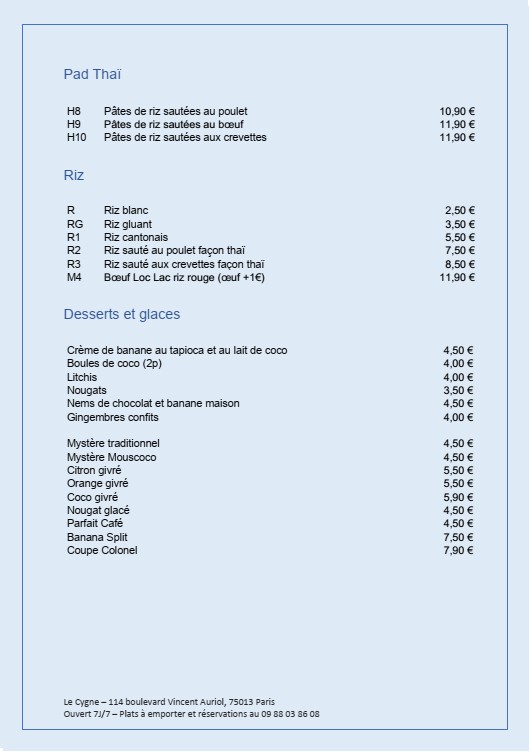 Le Cygne menu 4