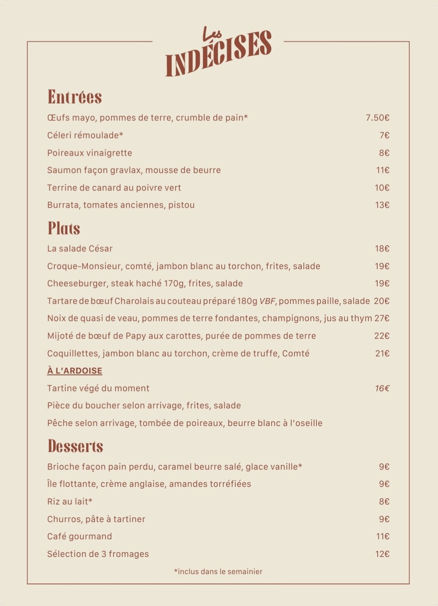 Les Indécises menu 1