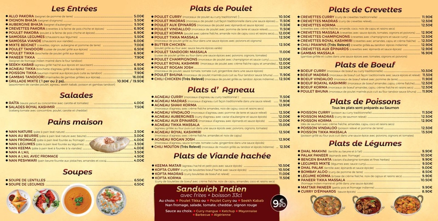 Royal Kashmir Suresnes menu 1