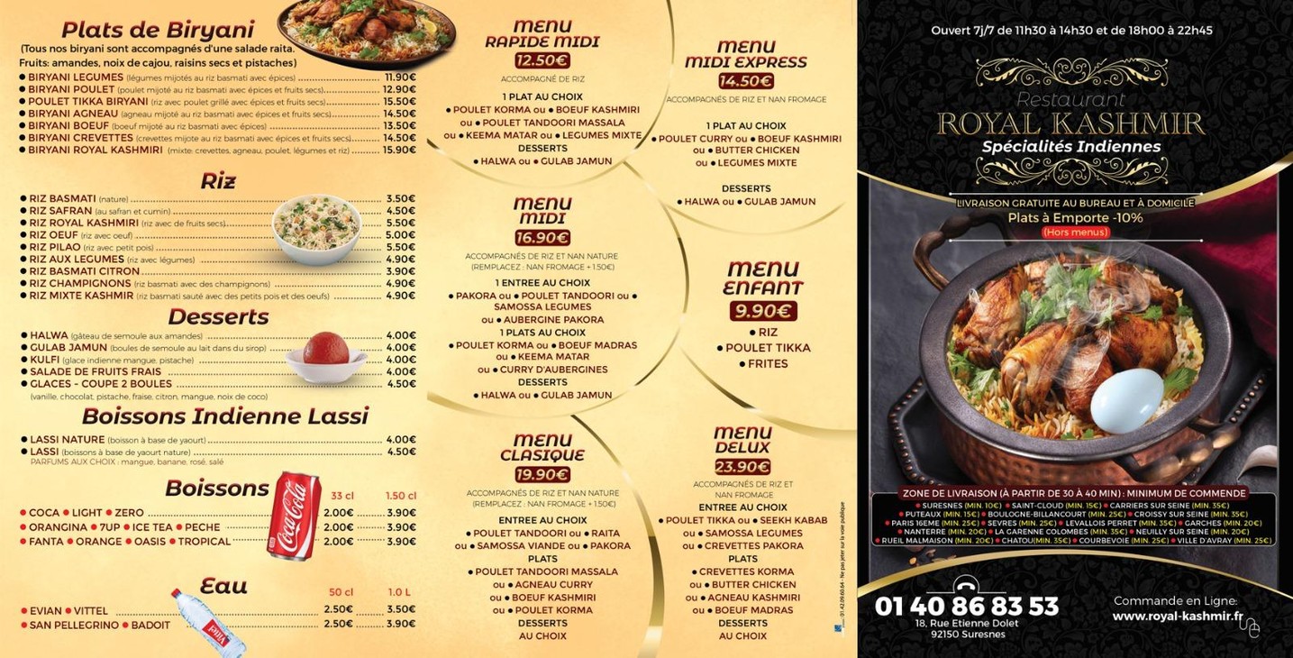 Royal Kashmir Suresnes menu 2