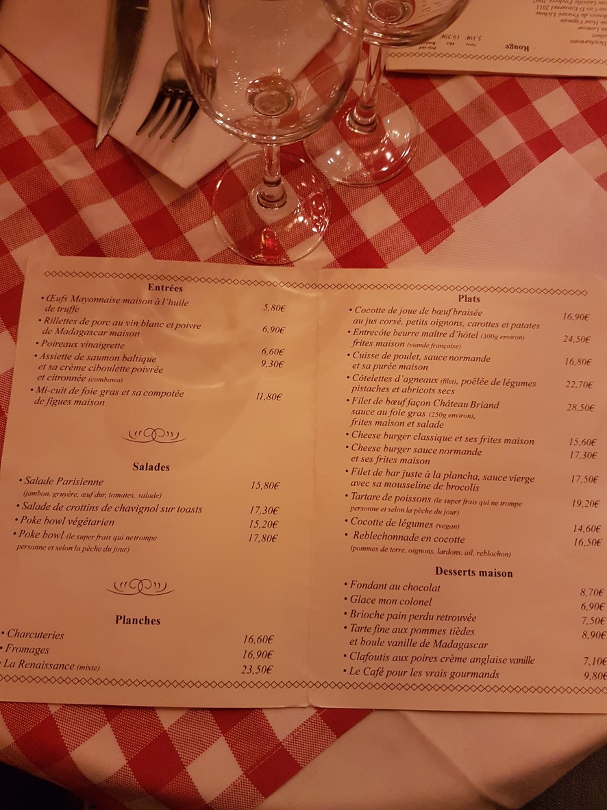 Bistrot Renaissance menu 1