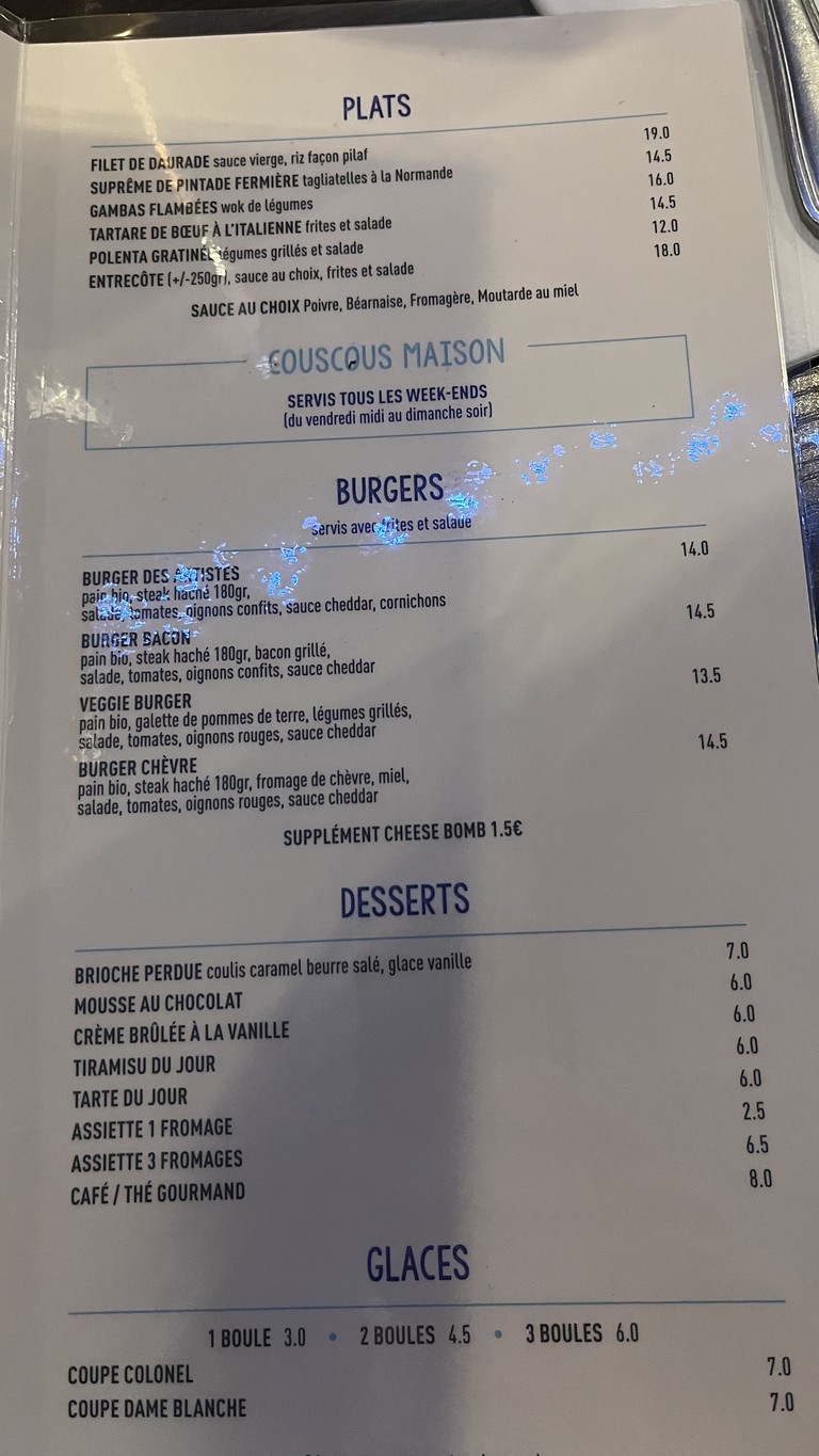 Auberge des Artistes menu 2