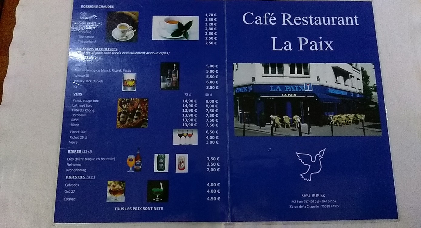 Café restaurant de la Paix menu 1