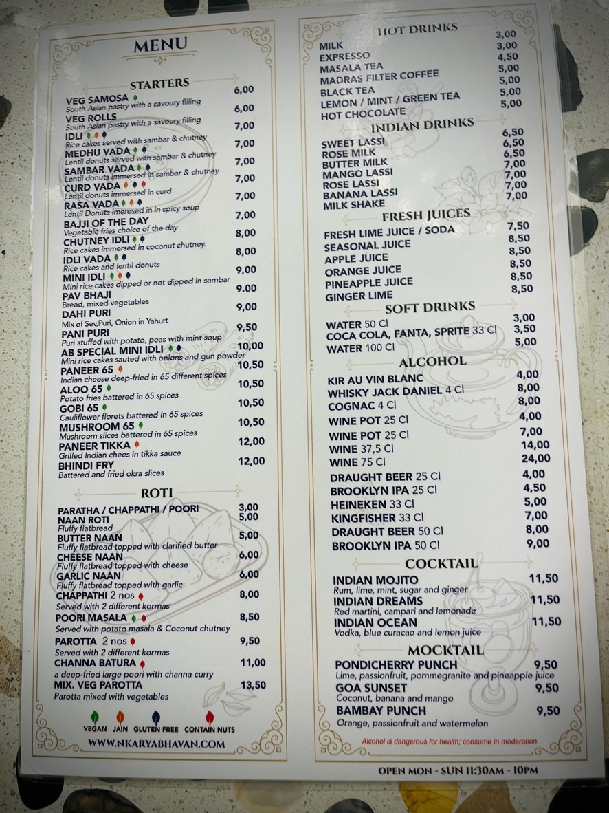 Nk Arya Bhavan Notre Dame París, Francia menu 1