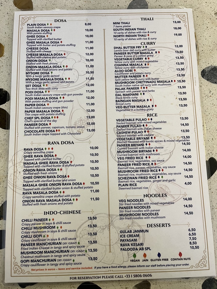 Nk Arya Bhavan Notre Dame París, Francia menu 2