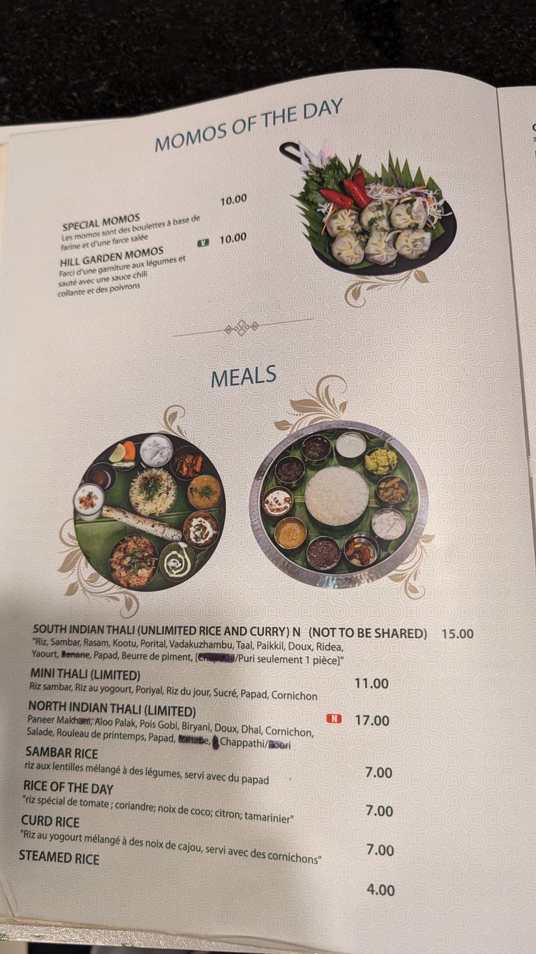 Arya Bhavan Paris menu 1