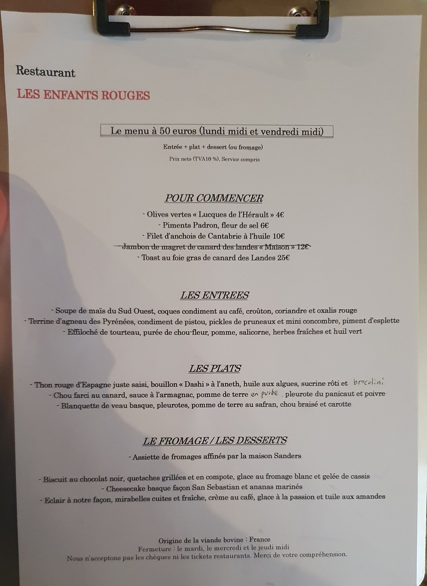Les Enfants Rouges menu 2