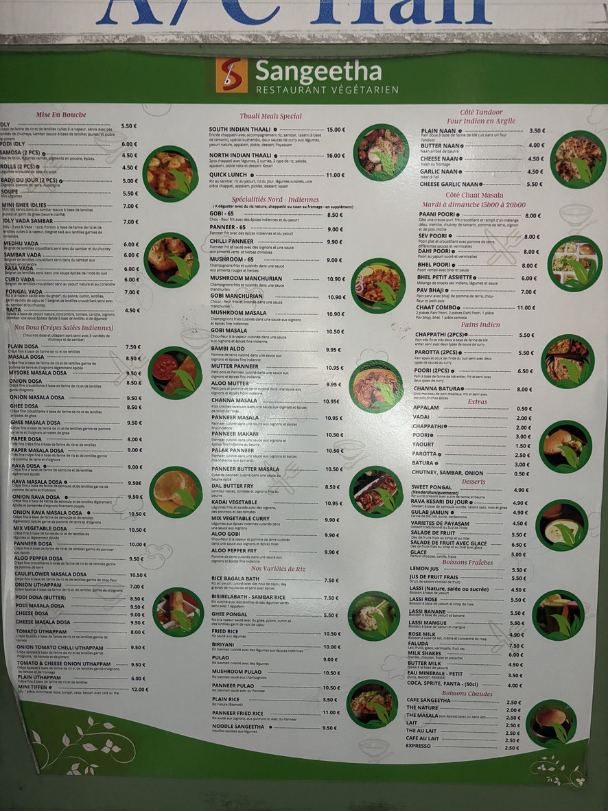 Sangeetha Restaurant Végétarien menu 1