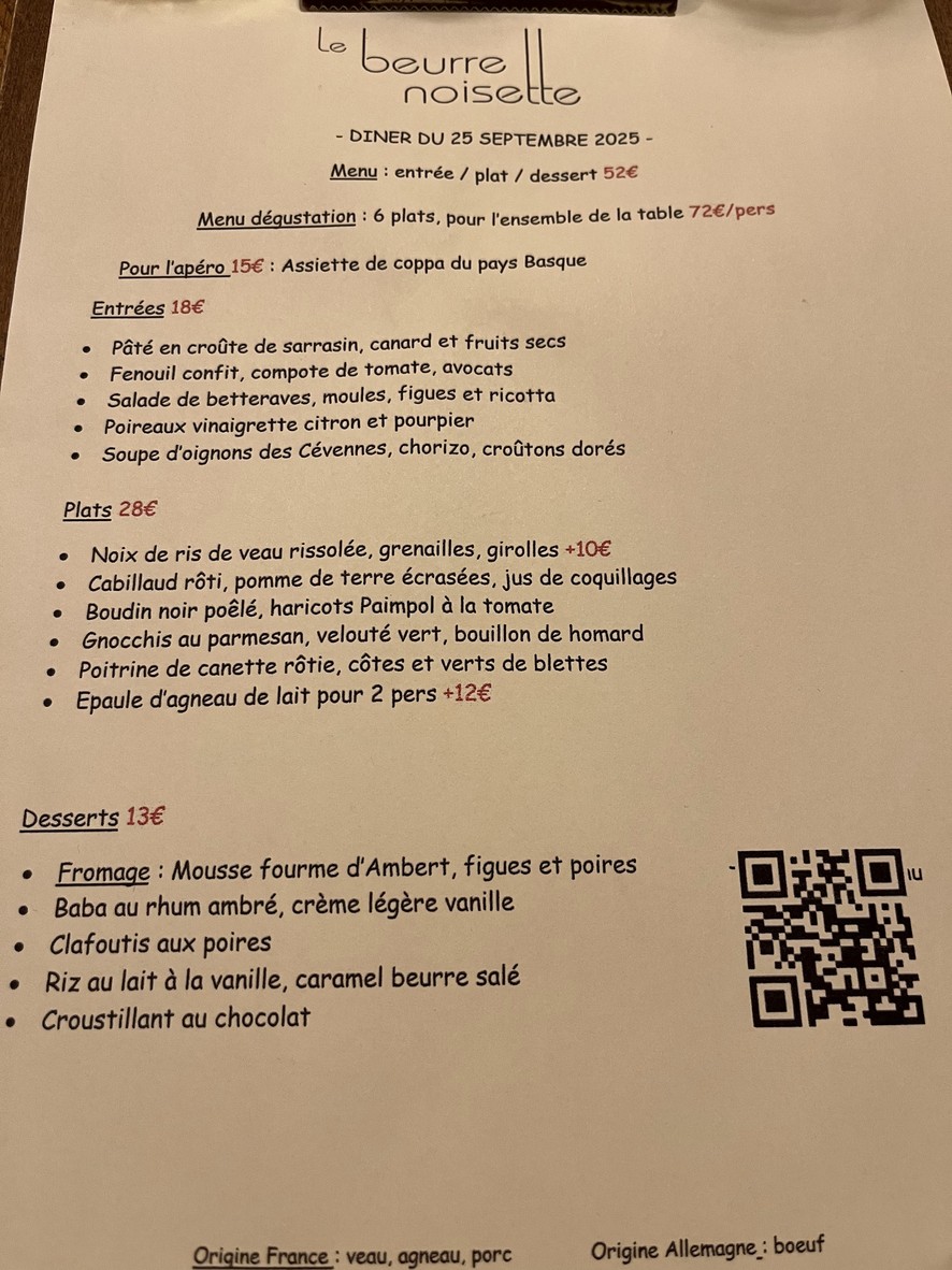 Le Beurre Noisette menu 1