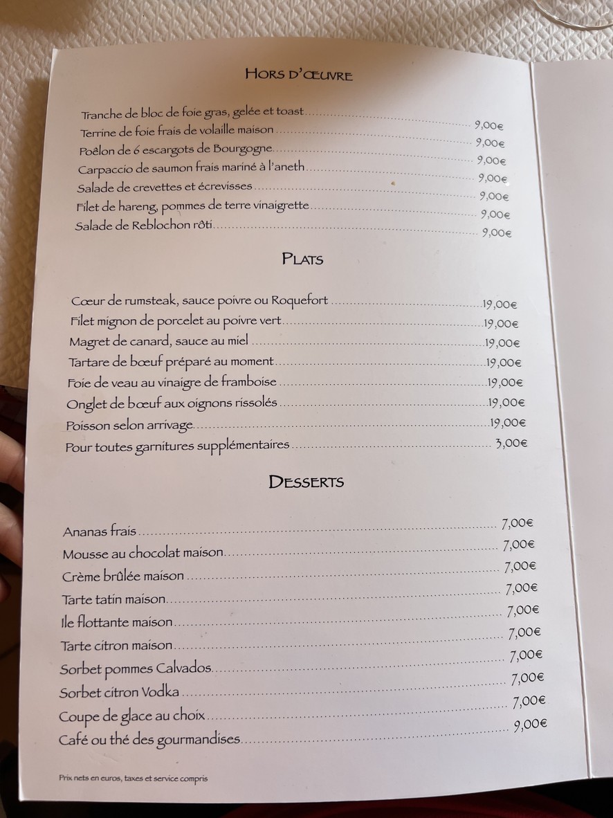Les Gourmandises menu 1