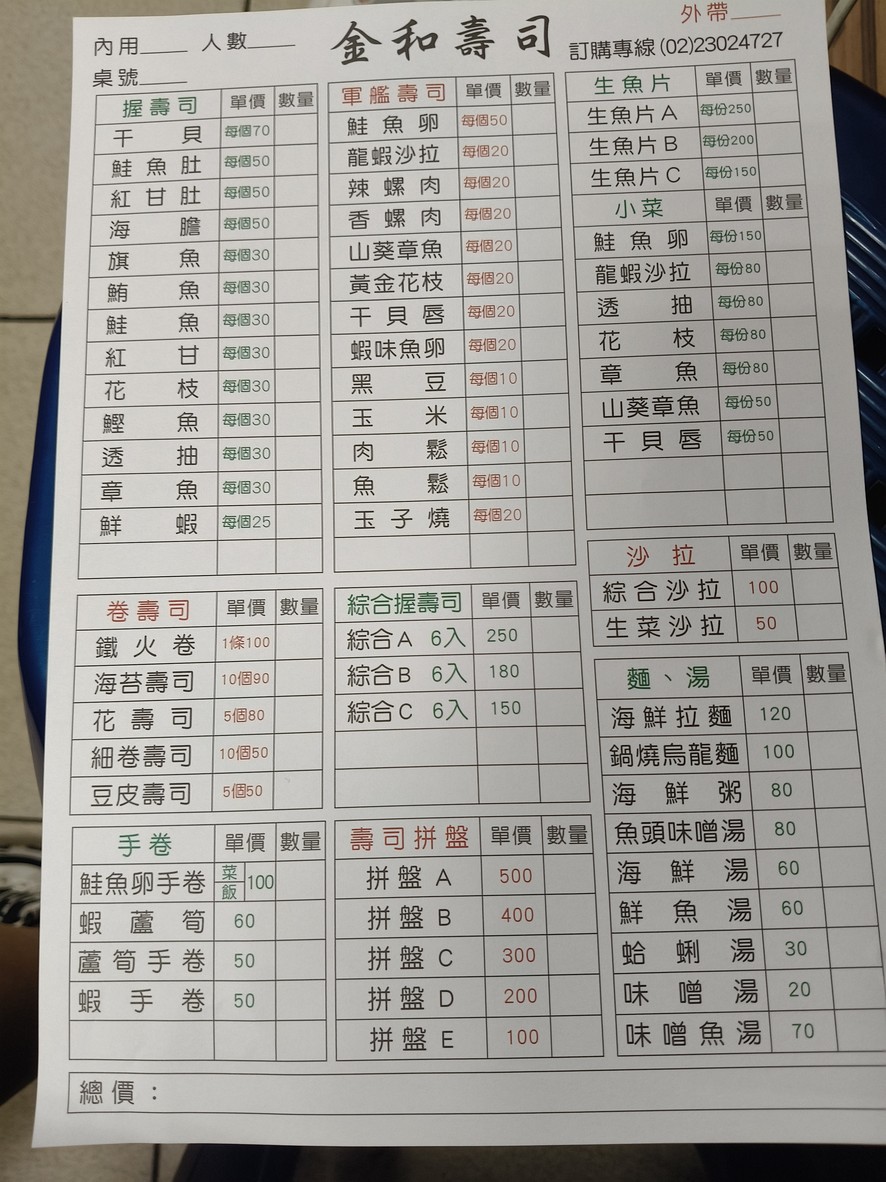 Jin He Shou Si menu 1
