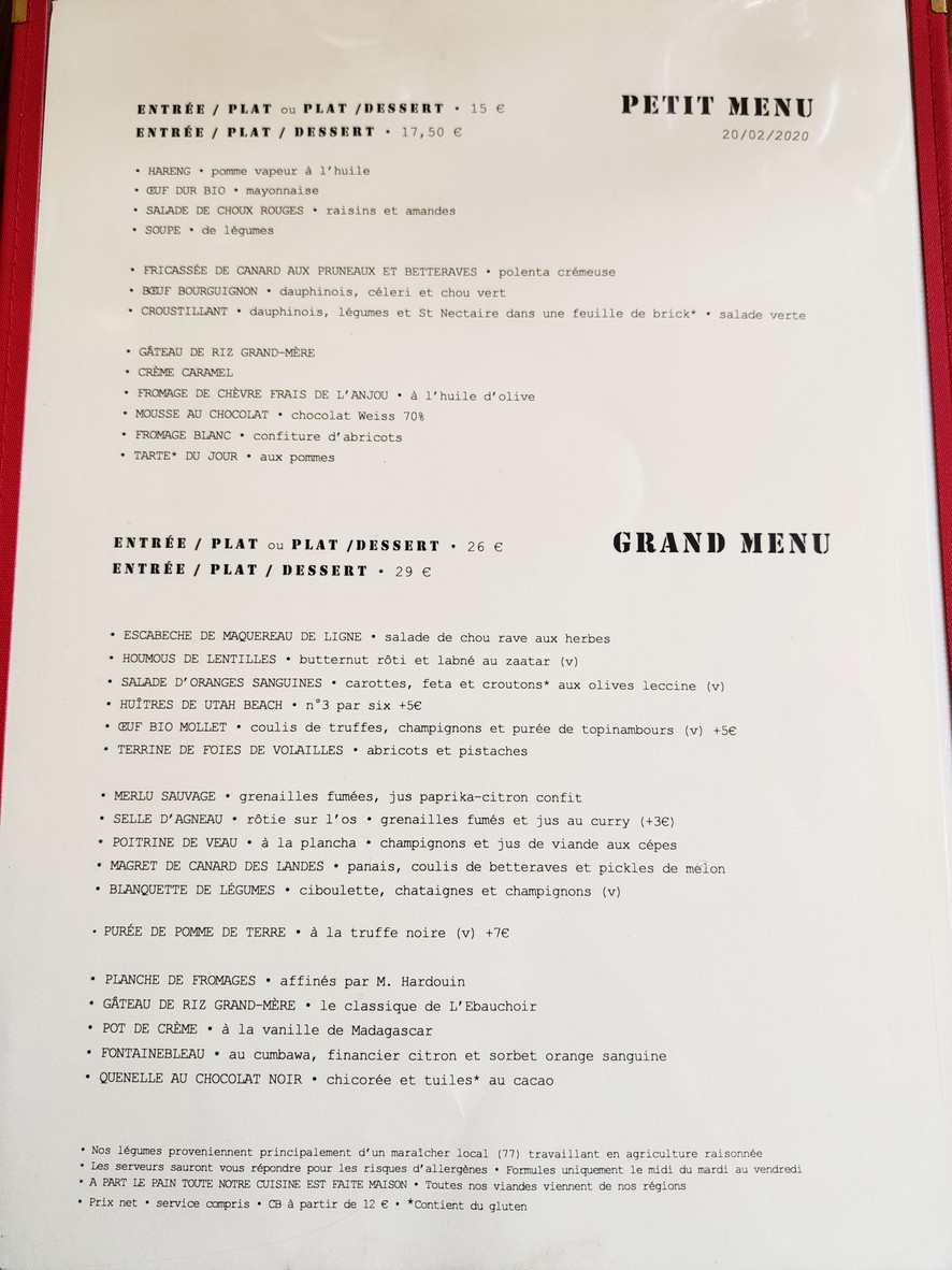 L'Ébauchoir menu 1