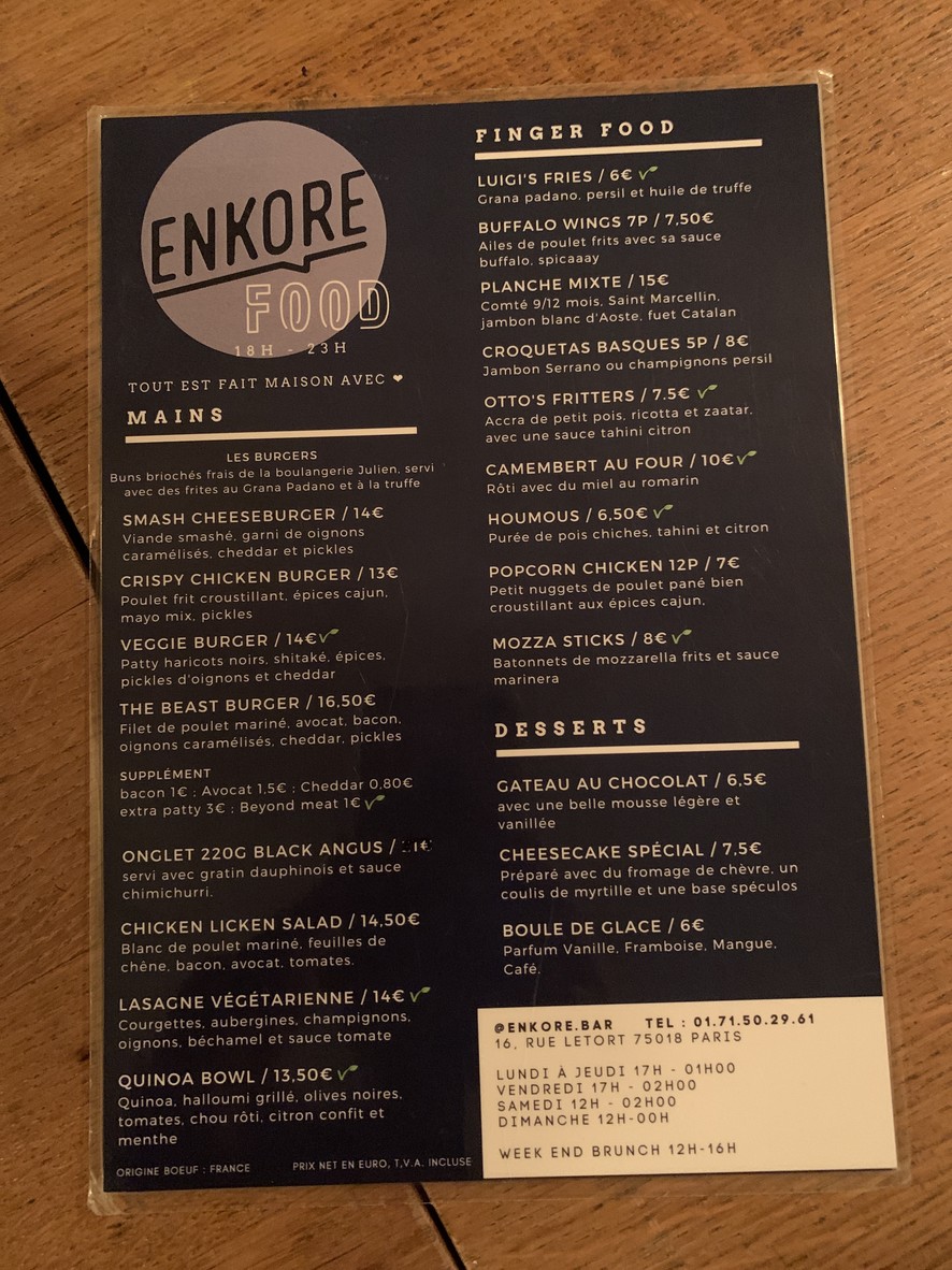Enkore - Bar Paris 18 menu 1