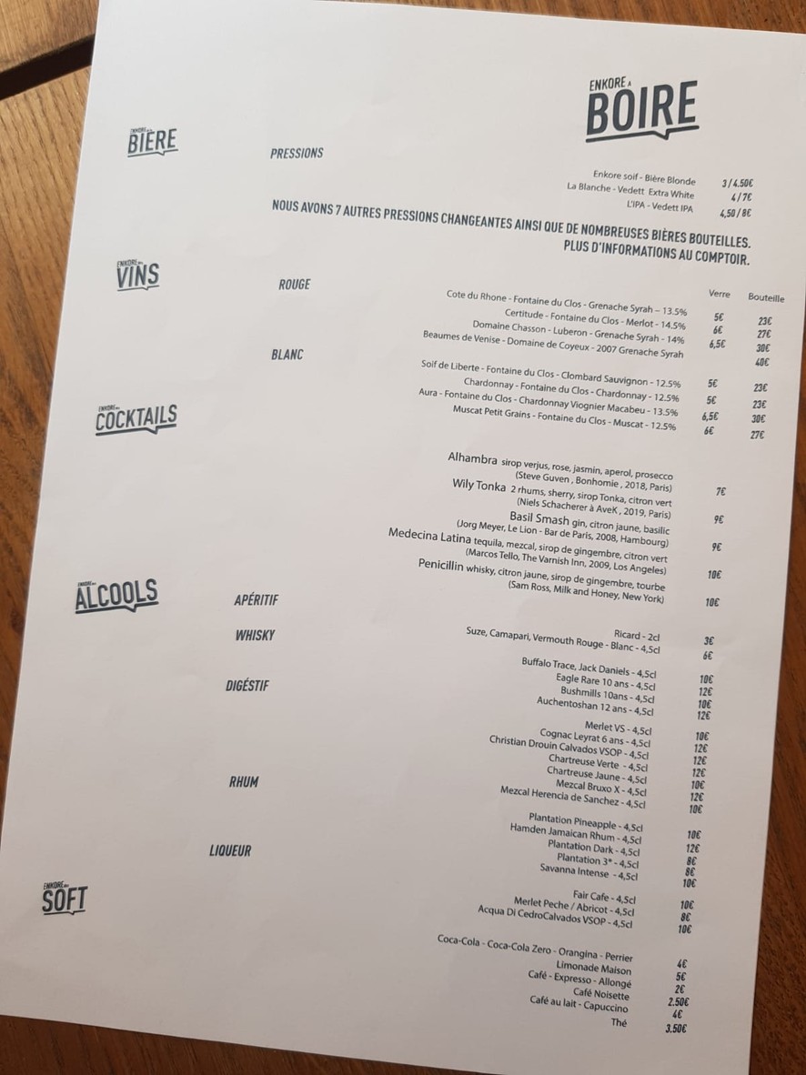 Enkore - Bar Paris 18 menu 2
